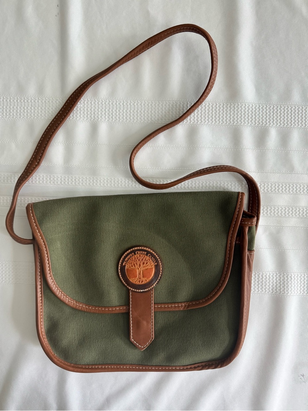 Tanners Creek Olive Green Canvas Shoulder Bag with Brown Leather Trim
